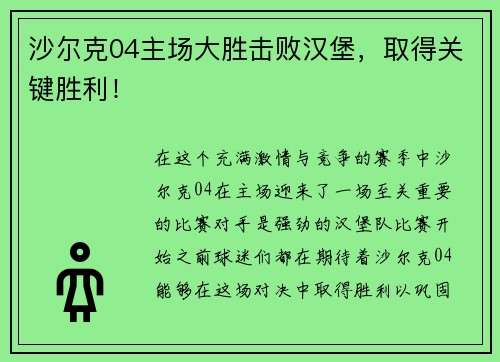 沙尔克04主场大胜击败汉堡，取得关键胜利！